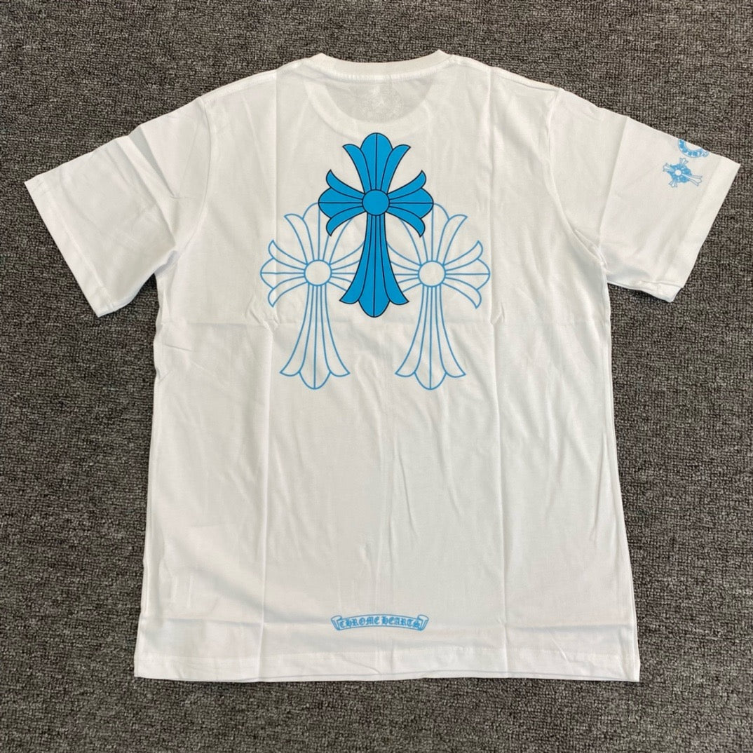 T shirt manche courte Chrome Hearts Triple Cross Logo blanc Bleu / Noir Bleu