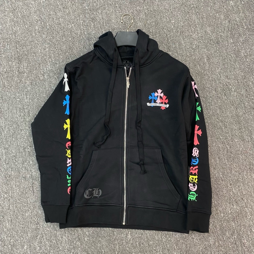 Sweatshirt à capuche manche longue hoodie noir/ Blanc motif Chrome H multicolore avec fermeture
