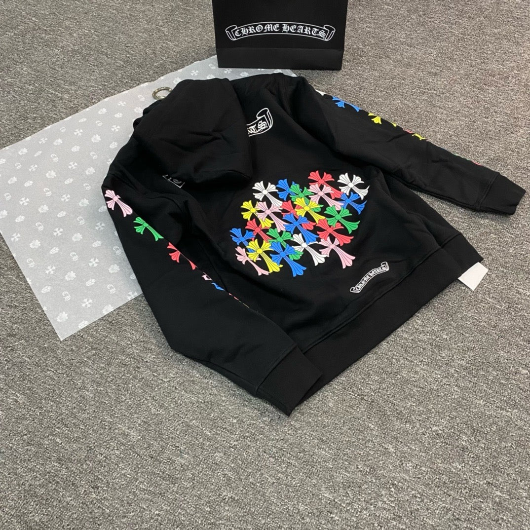 Sweatshirt à capuche manche longue hoodie noir/ Blanc motif Chrome H multicolore avec fermeture