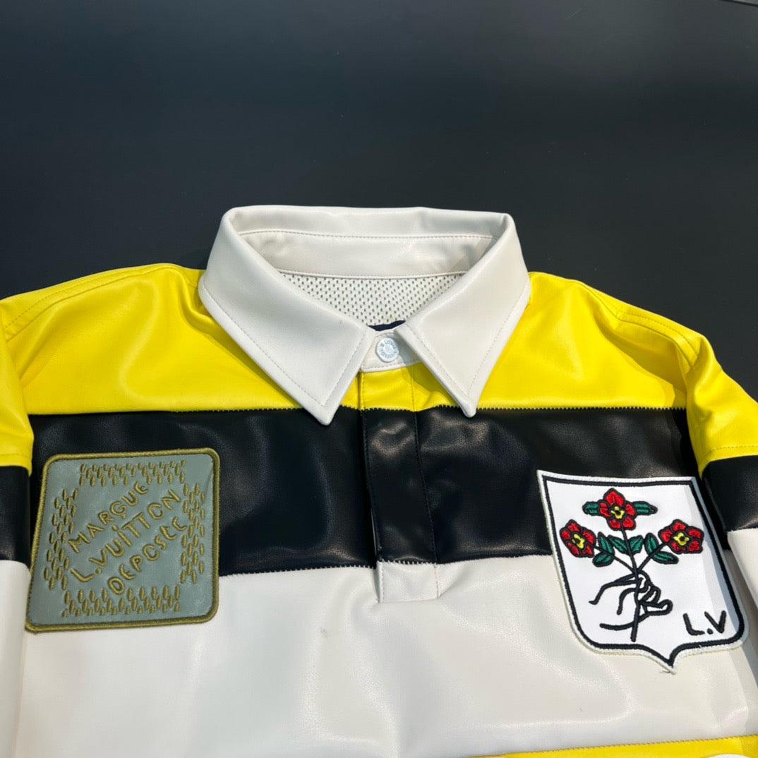 Long- Sleeved Leather Intarsia Rugby Polo