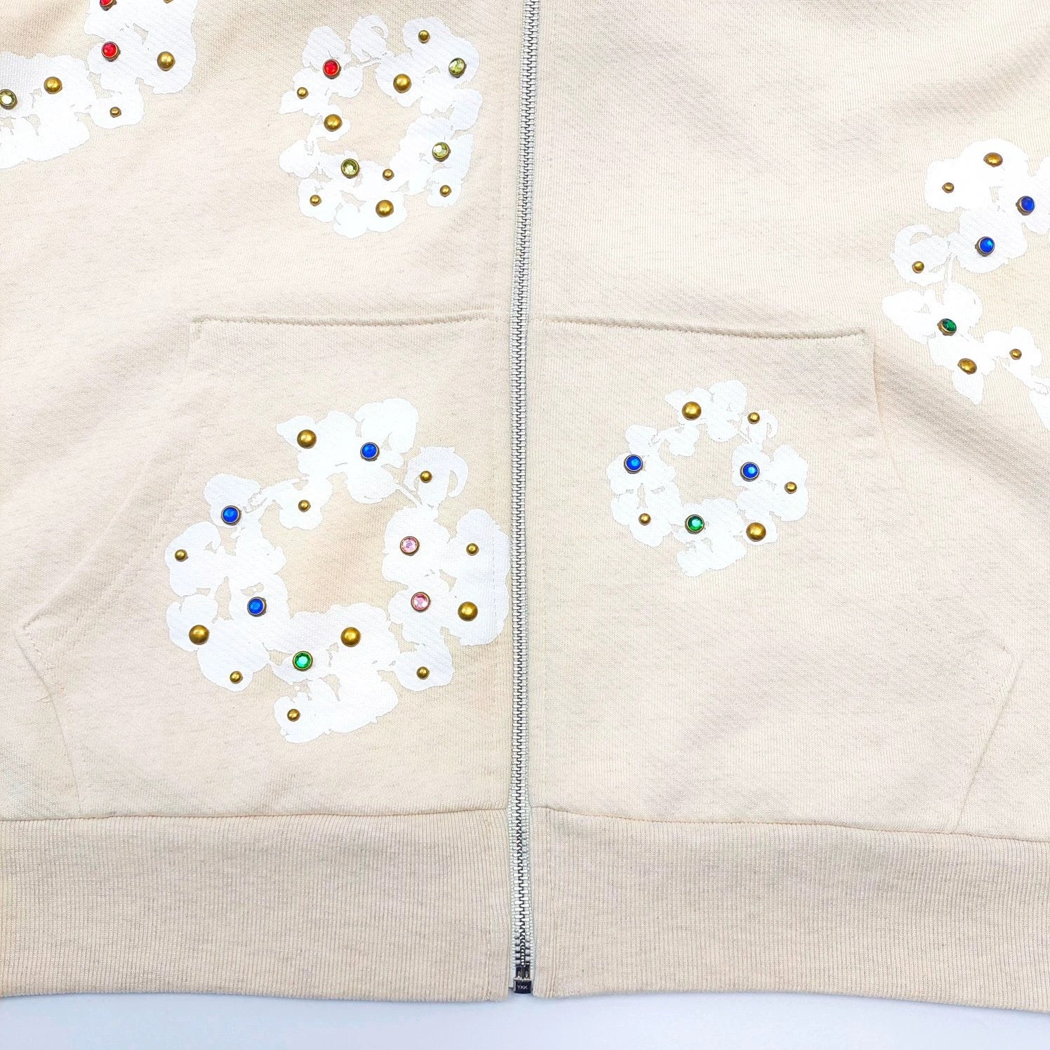 Denim Tears Rhinestone Wreath Zip Hoodie Vintage oatmeal