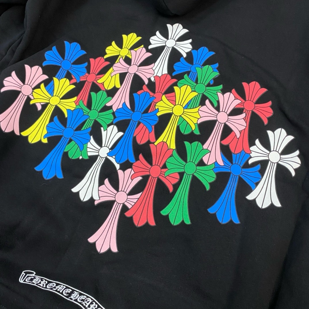 Sweatshirt à capuche manche longue hoodie noir/ Blanc motif Chrome H multicolore avec fermeture