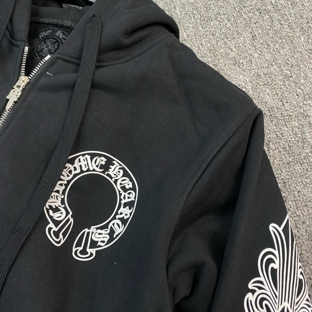 Sweatshirt capuche manche longue Noir blanc motif Chrome Hearts Hoodie avec fermeture