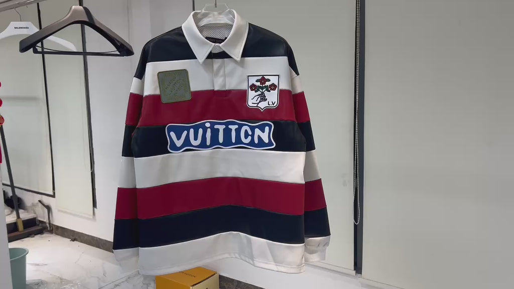 Long- Sleeved Leather Intarsia Rugby Polo